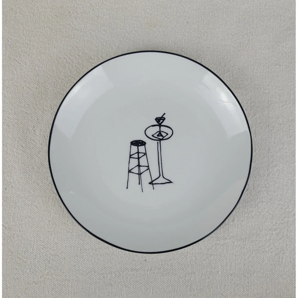Crate & Barrel Ceramic Party Plates Appetizer Whimsical Lounge Scenes Set of‎ 6